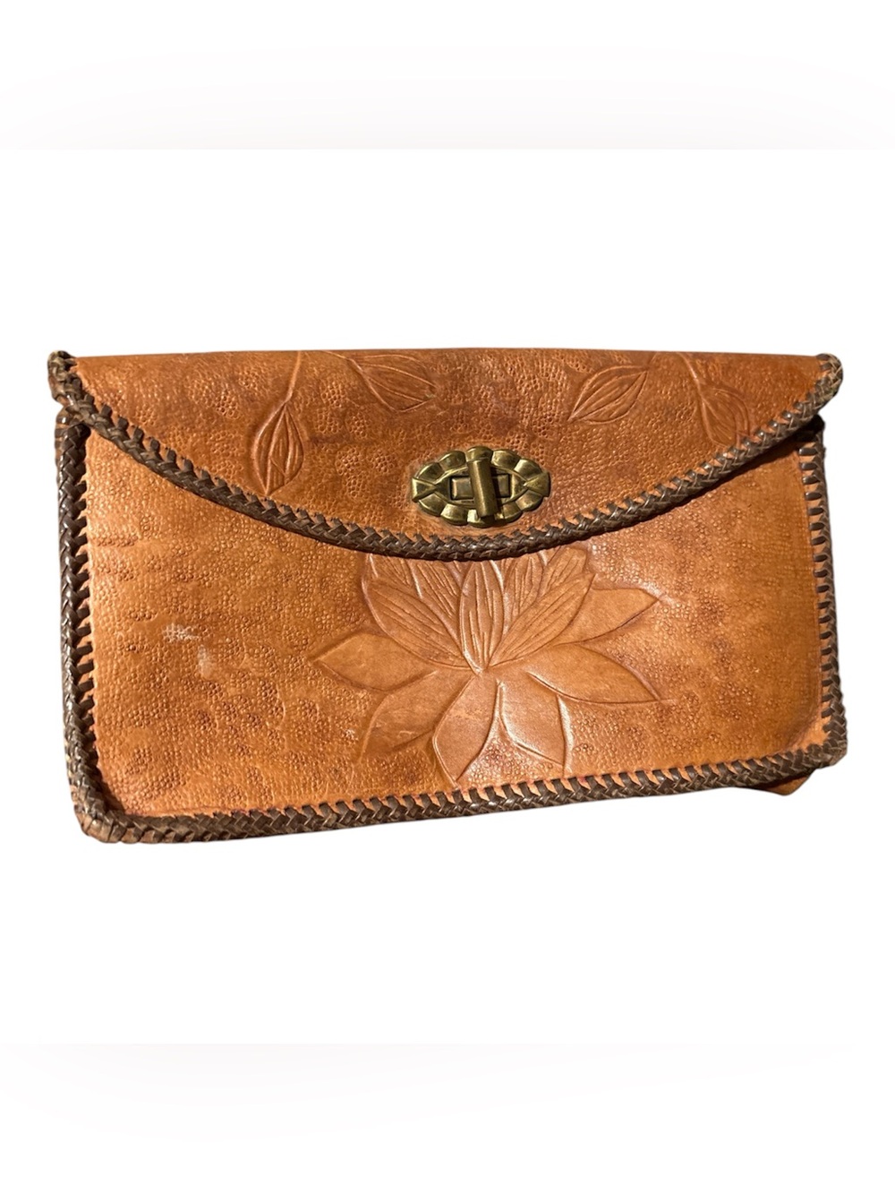 Handcrafted Tan Leather Floral Clutch